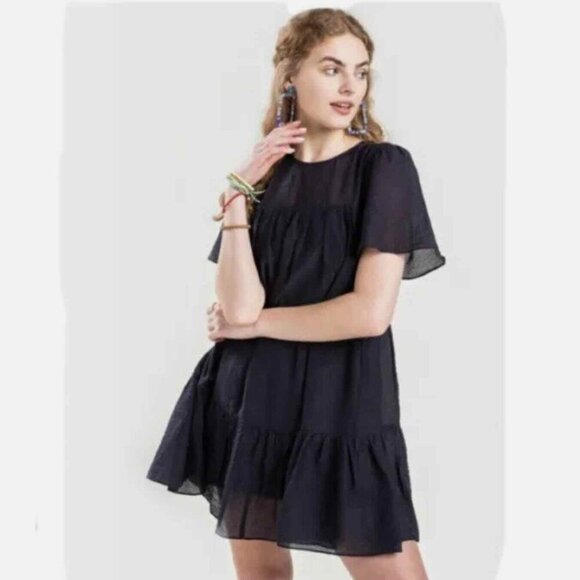 FRANCESCA’S Mi Ami Navy Babydoll Tiered Ruffled Lined Mini Dress Size S Boho - Picture 1 of 14